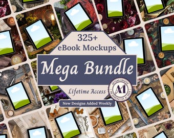 May include: A collection of 325+ eBook mockups presented as a mega bundle with lifetime access. The central text reads 325+ eBook Mockups Mega Bundle Lifetime Access New Designs Added Weekly, featuring a circular stamp stating Artisan Created No Generative AI Used.