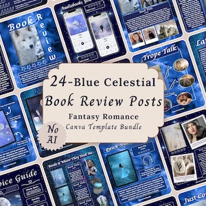 Puede incluir: Una colección de 24 plantillas para redes sociales de reseñas de libros con temática celestial azul, que incluyen imágenes de romance fantástico, fondos estrellados y cuadros de texto para títulos y reseñas.