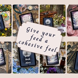 May include: A collage of eight digital tablet displays featuring a book cover design with a full moon, bare trees, and the text 'YOUR BOOK HERE'. The tablets are surrounded by various items including flowers, swords, candles, and fabric.
