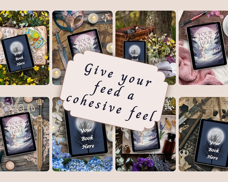 May include: A collage of eight digital tablet displays featuring a book cover design with a full moon, bare trees, and the text 'YOUR BOOK HERE'. The tablets are surrounded by various items including flowers, swords, candles, and fabric.