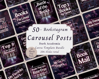Paquete de plantillas de Bookstagram con carrusel de estilo Dark Academia, maquetas de reseñas de libros con estética de romance oscuro, redes sociales de Instagram para autores.