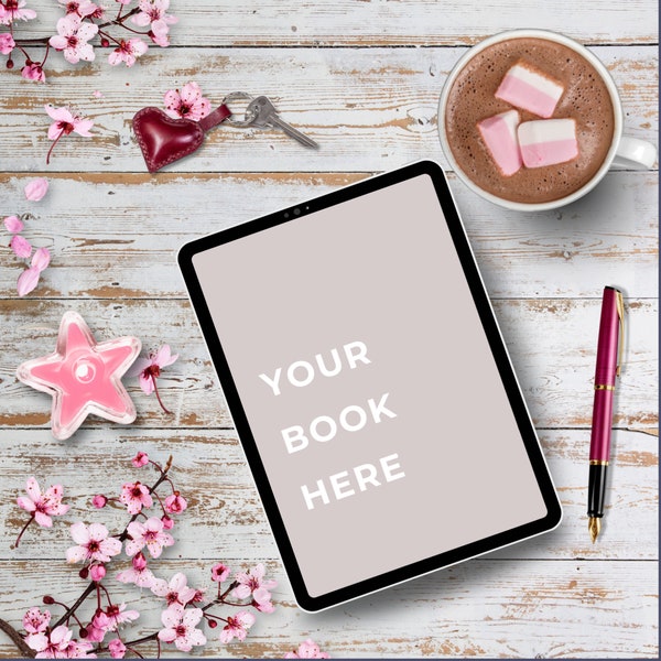 Cozy Romance EBook Mockup, Bookstagram Flat Lay, Author Social Media Cherry Blossom Bookish Mockup Template