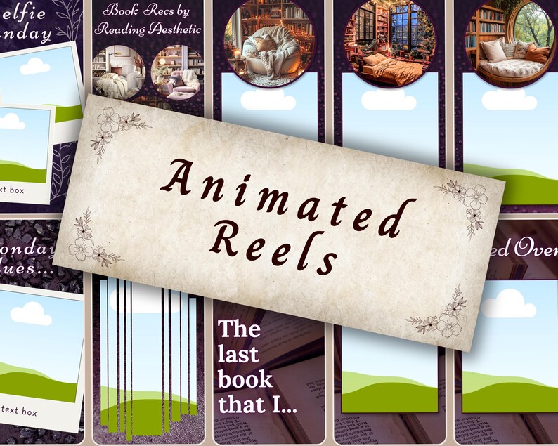 May include: A collage of images with a central banner reading "Animated Reels." The design incorporates book-themed imagery, including cozy reading nooks and open books. The color scheme is a mix of purple, brown, and green.