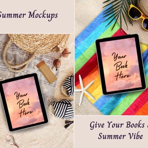 May include: Two digital tablet mockups displaying the text Your Book Here over a pink and orange sunset sky. The left scene includes a straw bag, sunglasses, and a starfish on sand. The right scene features a rainbow towel, hat, and starfish.
