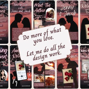 May include: A collection of digital social media templates featuring romantic silhouettes against a sunset sky, with text overlays including 'What Readers Are Saying', 'Meet The Author', 'Signing Event', and 'Do more of what you love. Let me do all the design work.'