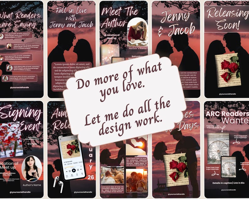 May include: A collection of digital social media templates featuring romantic silhouettes against a sunset sky, with text overlays including 'What Readers Are Saying', 'Meet The Author', 'Signing Event', and 'Do more of what you love. Let me do all the design work.'
