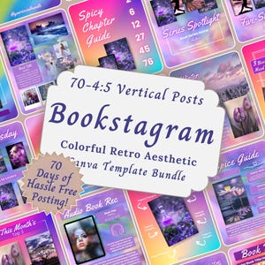 Puede incluir: Un conjunto de plantillas Canva coloridas para publicaciones de Bookstagram. Las plantillas presentan una estética retro con varios diseños, incluyendo portadas de libros, reseñas y guías. El texto incluye "Bookstagram" y "70 Days of Hassle Free Posting!"