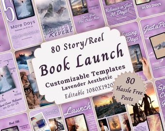 Op de afbeelding: Een verzameling lavendelkleurige social media-sjablonen voor een boeklancering. Het ontwerp bevat verschillende afbeeldingen en tekstoverlays, zoals "80 Story/Reel Book Launch" en "Customizable Templates". Sjablonen 1080x1920.