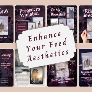 May include: A collection of eight digital social media templates featuring dark purple floral backgrounds and various text overlays including Giveaway, Preorders Available, On My Bookshelf, Releasing in 00 Days, Coming, and Signing Event with a central label.