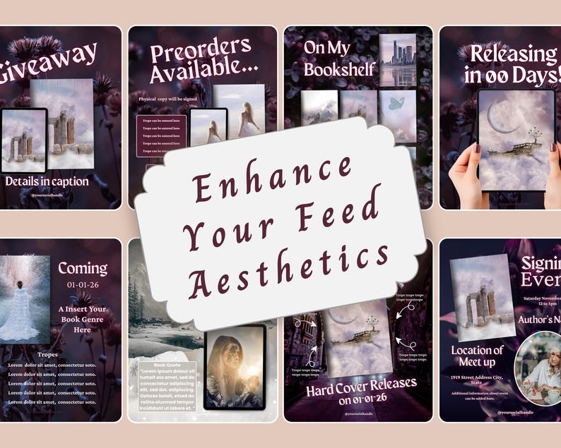 May include: A collection of eight digital social media templates featuring dark purple floral backgrounds and various text overlays including Giveaway, Preorders Available, On My Bookshelf, Releasing in 00 Days, Coming, and Signing Event with a central label.
