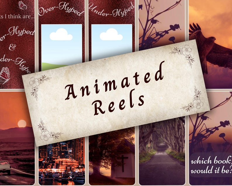 Puede incluir: Un collage de im&aacute;genes con el texto "Animated Reels" en el centro. Las im&aacute;genes incluyen una puesta de sol, un horizonte urbano, un camino en el bosque y un cielo nublado.