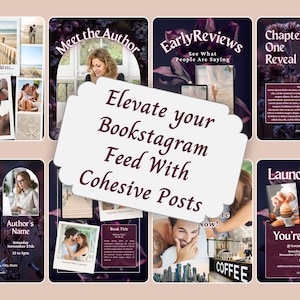May include: A collection of digital social media templates featuring dark floral backgrounds and white text overlays. The central white label displays the text Elevate your Bookstagram Feed With Cohesive Posts, surrounded by various layouts for author introductions, book reviews, and event invitations.