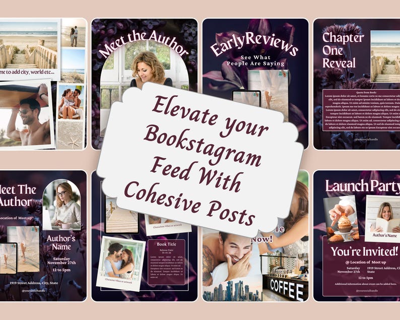 May include: A collection of digital social media templates featuring dark floral backgrounds and white text overlays. The central white label displays the text Elevate your Bookstagram Feed With Cohesive Posts, surrounded by various layouts for author introductions, book reviews, and event invitations.