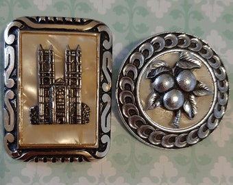 2 Vintage Scarf Rings 1 x Westminster Abbey London on gold tone, 1 x orange fruit with silver tone, both on shell. Excellent condition.