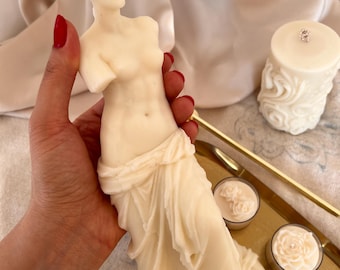Vela grande Venus de cera de soja y abeja, dama griega antigua con túnica, vela con estatua, decoración de boda, regalo de inauguración de casa para la mejor amiga