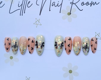 Castle Magic Mouse Nails – Custom Press On Nails, Gold Glitter Character Nails, Disney-Inspired, Summer Party Nails, Kids to Adults