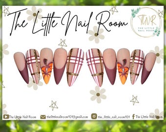 Uñas postizas a cuadros otoñales: burdeos, naranja y dorado con brillo - Arte de uñas para Acción de Gracias