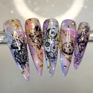 Witch Please  ~  Press On Nails, Witch Nails, Nature Nails, Astrological, Astrology Nails, Celestial Nails, Mushroom Nails, Moon nails,