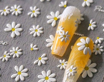 5D White Daisy Nail Art Stickers: Embossed Relief Decals
