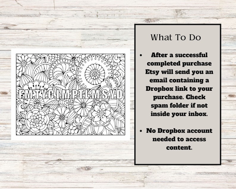 Puede incluir: P&aacute;gina para colorear floral en blanco y negro con las letras FM.TYCIM PTLMSVD. Un cuadro de texto en el lado derecho dice "What To Do" y proporciona instrucciones para acceder al contenido digital despu&eacute;s de la compra.