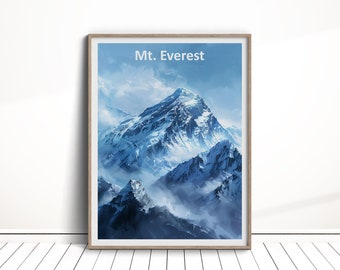 Op de afbeelding: Een ingelijste print van de Mount Everest, een besneeuwde bergketen met een blauwe lucht en witte wolken op de achtergrond. De tekst "Mt. Everest" staat bovenaan de afbeelding.