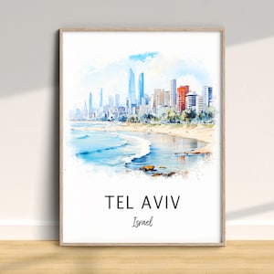 Tel Aviv Travel Print, Israel Traditional City Poster, Vacation Wall Art, Unique Home Decor, Birthday Anniversary Gift, Watercolor Painting