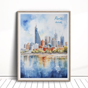May include: A watercolor painting of the Perth skyline in Australia. The painting features a tall, slender building in the center, surrounded by other buildings and trees. The water in the foreground reflects the buildings and sky.