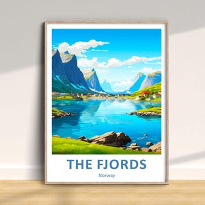 Impression de voyage Les Fjords Norvège, affiche traditionnelle nordique, art mural de vacances, décoration d'intérieur, cadeau d'anniversaire de mariage, style coloré