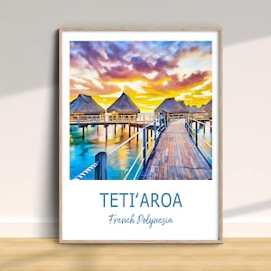 Impresión de viaje de Tetiʻaroa, póster tradicional de la Polinesia Francesa, arte de pared de vacaciones, decoración del hogar, regalo de aniversario de bodas, estilo acuarela