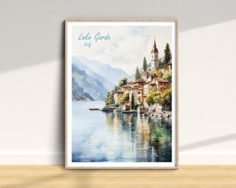 Téléchargement de voyage sur le lac de garde, affiche de voyage sur le lac de garde, Italie téléchargement imprimable, art mural vacances, cadeau de vacances, décoration d'intérieur, aquarelle