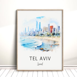 Tel Aviv Digital Download, Israel City Travel Poster, Printable Vacation Wall Art, Birthday Anniversary Gift, Home Decor, Watercolor Artwork