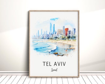 Descarga digital de Tel Aviv, póster de viaje a la ciudad de Israel, arte de pared imprimible para vacaciones, regalo de aniversario de cumpleaños, decoración del hogar, obra de arte en acuarela