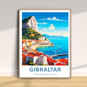 May include: A colorful illustration of the Rock of Gibraltar, a large limestone cliff, with a city built on its slopes. The city is painted in shades of red, orange, and yellow, with a blue sea in the foreground. The text "GIBRALTAR" and "British Overseas Territory" is printed below the image.