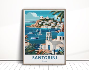 Descarga digital de la isla de Santorini, póster de viaje de Santorini, arte de viaje de Santorini, arte mural de Santorini, regalo de viaje a Grecia, descarga de decoración del hogar