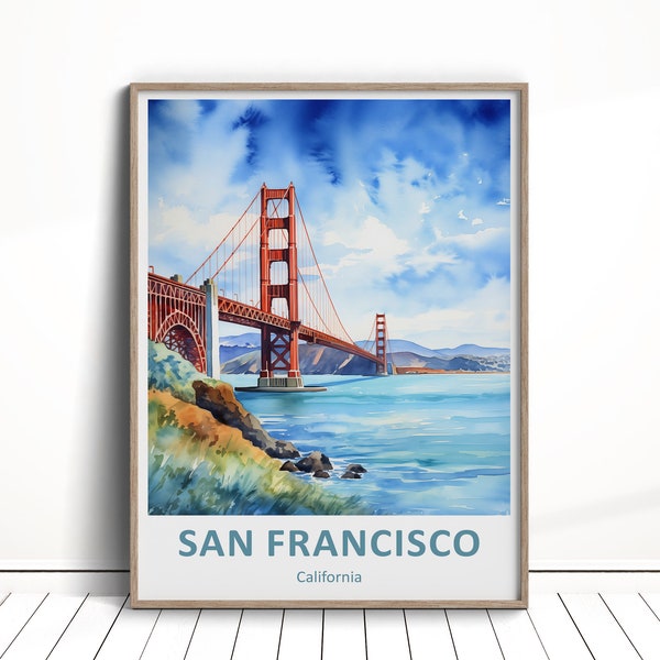 San Francisco Digital Download, Golden Gate Bridge Travel Poster, USA Printable, Vacation Wall Art, Holiday Gift, Home Decor, Watercolor Art