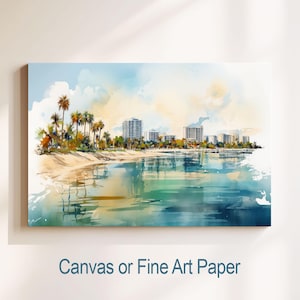 Stampa sullo skyline della città di Marco Island - Tela o carta per belle arti, stile acquerello, arte murale per le vacanze, regalo di lusso per anniversario di matrimonio