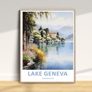Lake Geneva Digital Download, Lake Geneva Travel Poster, Swiss Printable Download, Vacation Wall Art, Holiday Gift, Home Decor, Watercolor