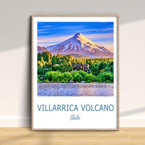 Villarrica Volcano Travel Print, Chile Traditional Poster, Vacation Wall Art, Home Decor, Wedding Birthday Anniversary Gift,Watercolor Style