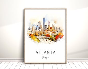 May include: A watercolor painting of the Atlanta skyline with a highway in the foreground. The painting is in a white frame with the words "ATLANTA Georgia" printed below the image.