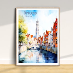 Bruges Travel Print, Belgium Traditional City Poster, Vacation Wall Art, Home Decor, Wedding Birthday Anniversary Gift, Colorful Art Style