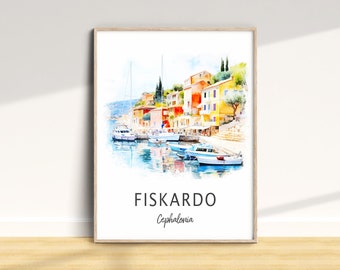 Fiskardo Travel Print, Greek Island Poster, Vacation Wall Art, Cephalonia Print, Unique Home Decor, Birthday Anniversary Gift,Watercolor Art