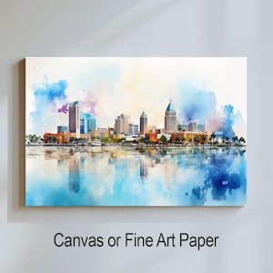 Tampa, Florida City Skyline Print - Tela o carta fine art, stile acquerello, arte murale per le vacanze, regalo di lusso per anniversario di matrimonio