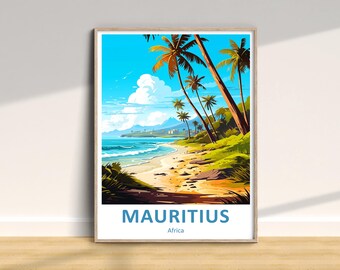 Może przedstawiać: Winietkowy plakat podróżniczy przedstawiający plażę z palmami i turkusową wodą. Plakat zawiera napis "Mauritius" i "Africa" niebieskimi literami.