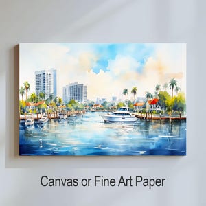Stampa sullo skyline della città di Fort Lauderdale - Tela o carta per belle arti, stile acquerello, arte murale per le vacanze, regalo di lusso per anniversario di matrimonio