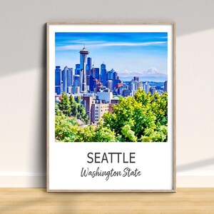 Impresión de viaje a Seattle, póster del estado de Washington, arte de pared de vacaciones, decoración del hogar, regalo de aniversario de cumpleaños de boda, estilo de acuarela colorido