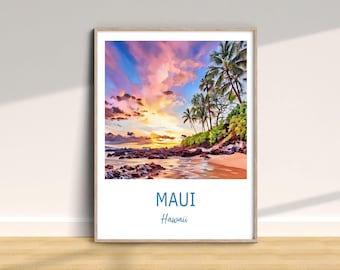 May include: A framed print of a sunset over a beach in Maui, Hawaii. The sky is a vibrant mix of pink, purple, and blue, with palm trees silhouetted against the horizon. The beach is sandy and the water is calm.