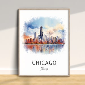 Chicago City Travel Print, Illinois USA Traditional City Poster, Vacation Wall Art, Unique Home Decor, Birthday Anniversary Gift, Watercolor