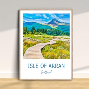 Impresión de viaje de la isla de Arran, póster tradicional de Escocia, arte de pared de vacaciones, decoración del hogar, regalo de aniversario de cumpleaños de boda, estilo acuarela