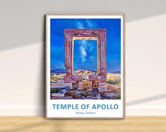 Tempel van Apollo reisafdruk, traditionele poster Naxos, Griekenland, vakantie kunst aan de muur, woondecoratie, huwelijksverjaardagscadeau, aquarelstijl