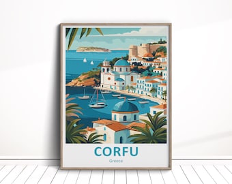 May include: A framed art print featuring a stylized illustration of Corfu, Greece. The artwork depicts a coastal town with white buildings, blue domes, and boats in the harbor. The word "CORFU" is displayed in teal text.